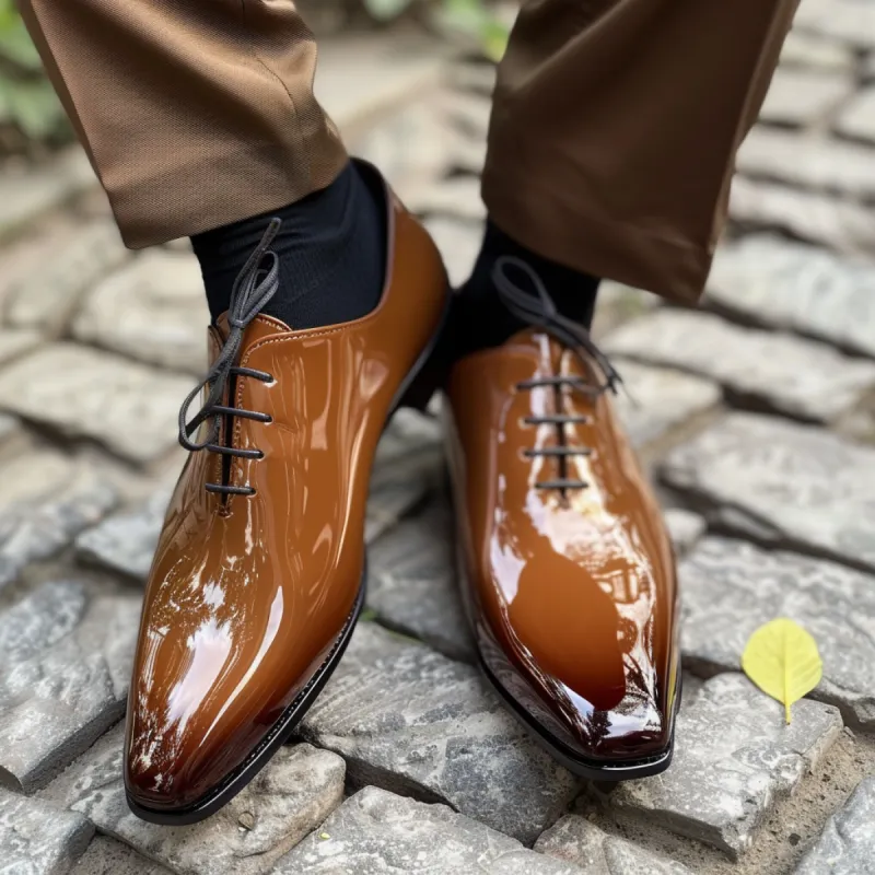 Brown Patent Leather Eleuterio Lace-Up Pointed Oxford Shoes sold by Costoso Italiano
