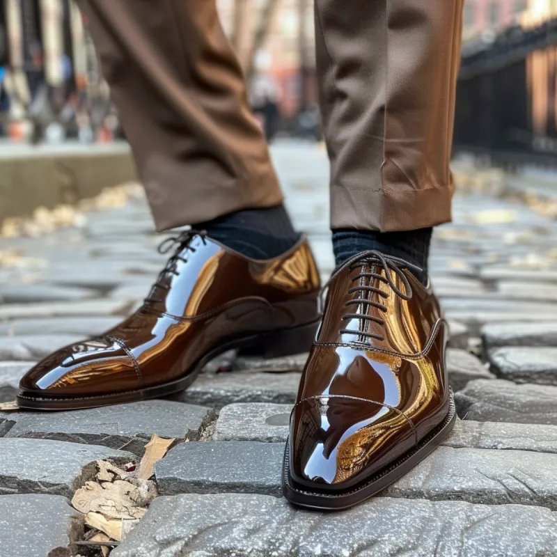 Brown Patent Leather Edmondo Lace-Up Pointed Oxford Shoes sold by Costoso Italiano