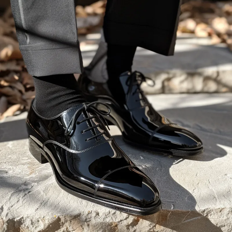 Black Patent Leather Edgardo Lace-Up Pointed Oxford Shoes sold by Costoso Italiano