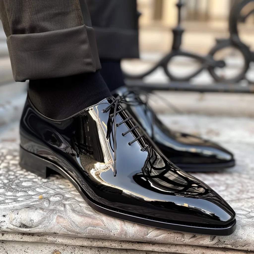 Black Patent Leather Doriano Lace-Up Pointed Oxford Shoes sold by Costoso Italiano
