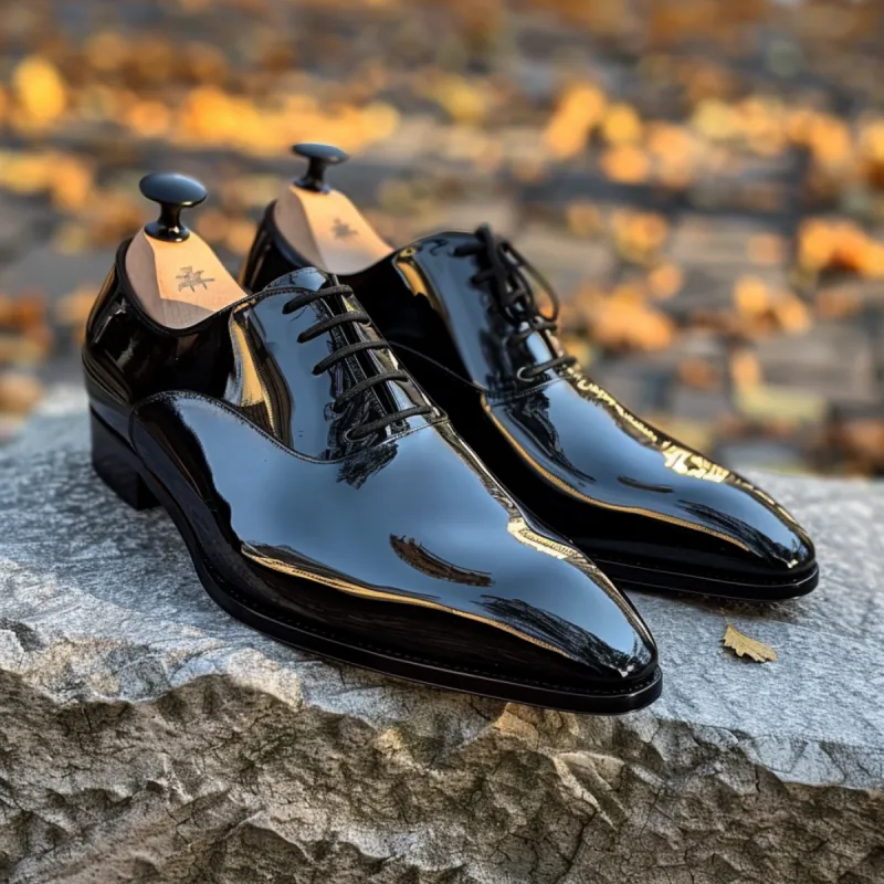 Black Patent Leather Dionisio Lace-Up Pointed Oxford Shoes sold by Costoso Italiano