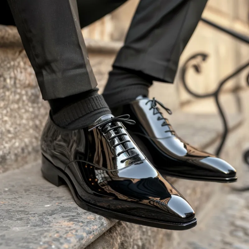 Black Patent Leather Diamante Lace-Up Pointed Oxford Shoes sold by Costoso Italiano