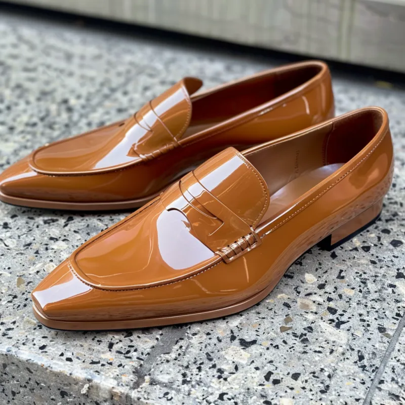 Tan Patent Leather Desiderio Slip On Pointed Loafer Shoes sold by Costoso Italiano