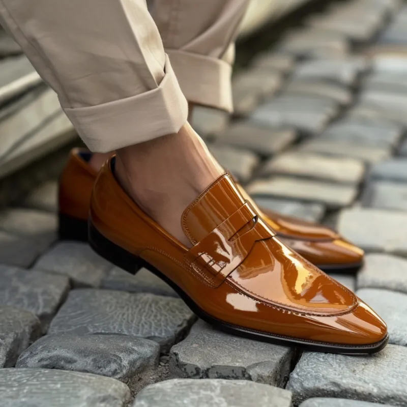 Tan Patent Leather Dario Slip On Pointed Loafer Shoes sold by Costoso Italiano