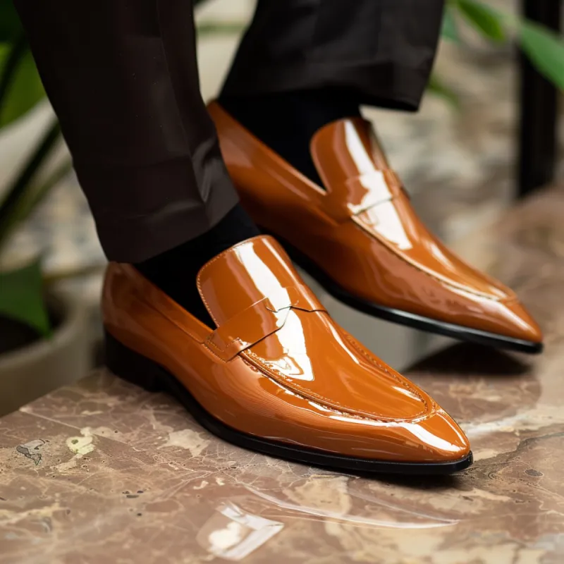Tan Patent Leather Cristoforo Slip On Pointed Loafer Shoes sold by Costoso Italiano