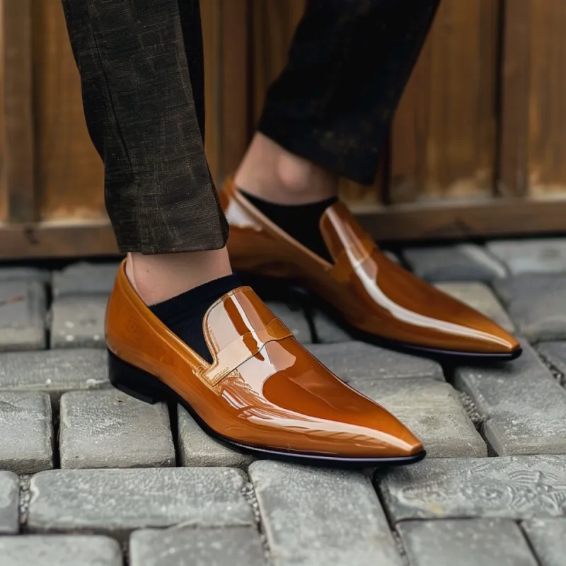 Tan Patent Leather Crescenzo Slip On Pointed Loafer Shoe sold by Costoso Italiano