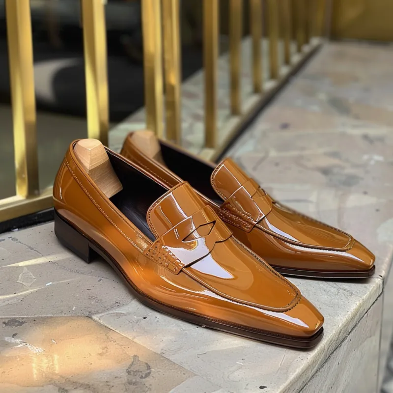 Tan Patent Leather Cono Slip On Pointed Loafer Shoe sold by Costoso Italiano