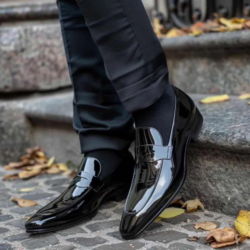 Black Patent Leather Carletto Slip On Pointed Loafer Shoes sold by Costoso Italiano