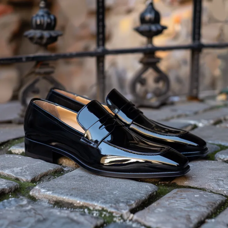 Black Patent Leather Candido Slip On Pointed Loafer Shoes sold by Costoso Italiano
