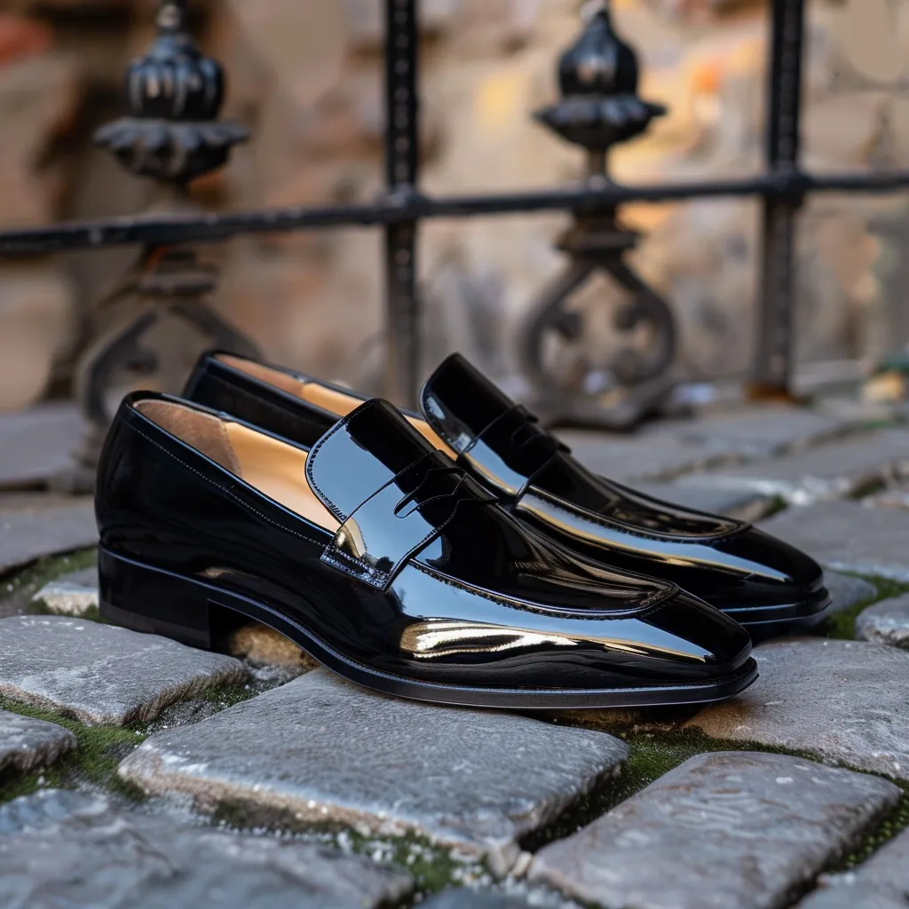 Black Patent Leather Candido Slip On Pointed Loafer Shoes sold by Costoso Italiano