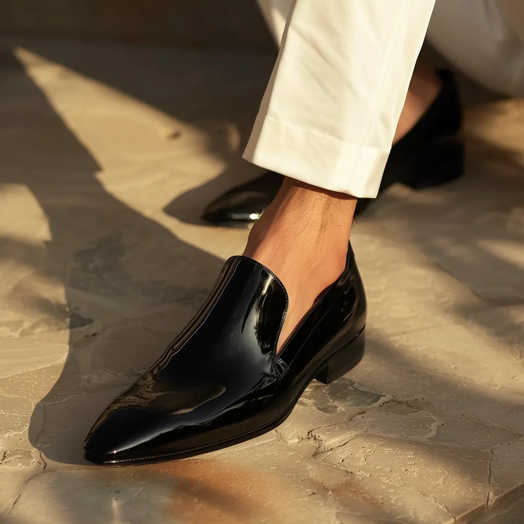 Black Patent Leather Calogero Slip On Pointed Loafer Shoes sold by Costoso Italiano