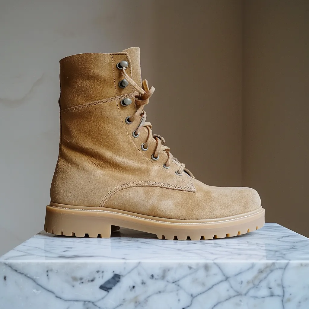 Tan Nubuck Leather Carmine Combat Boot sold by Costoso Italiano