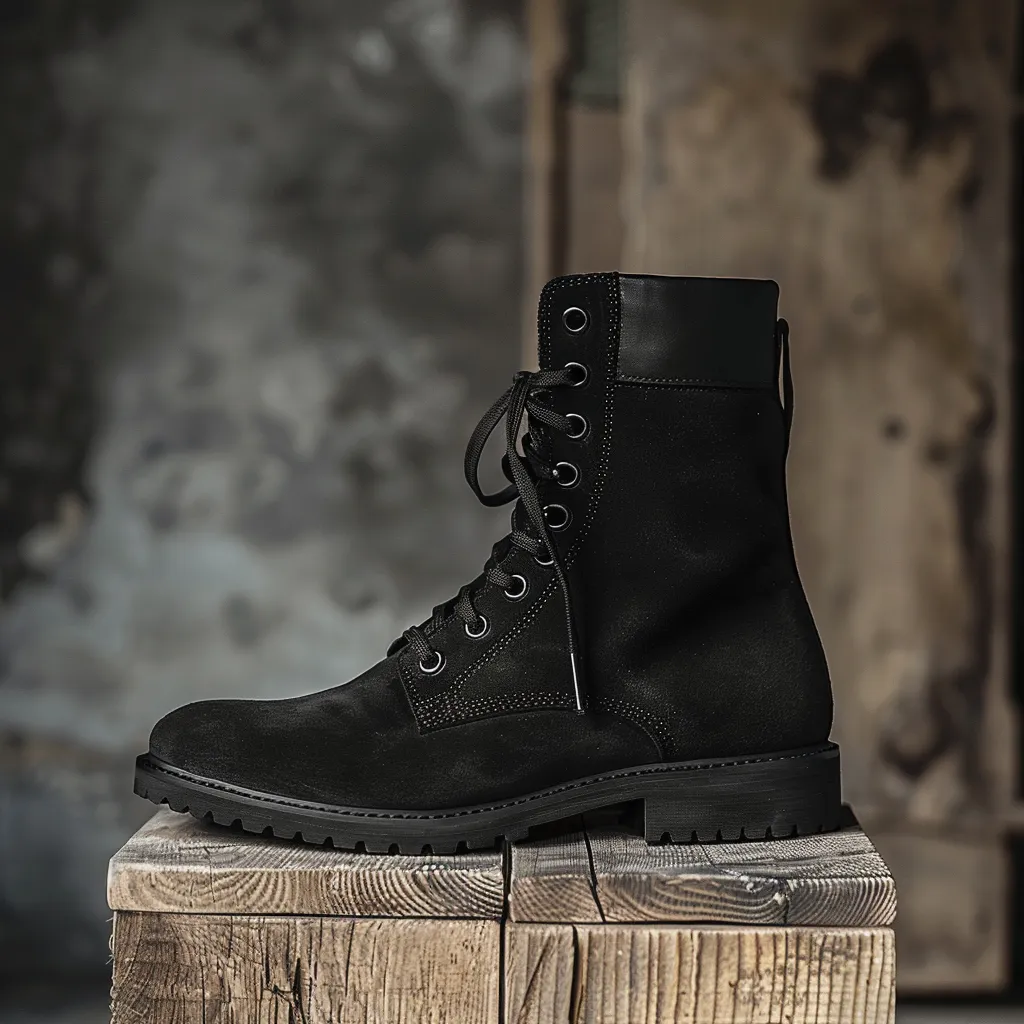 Black Nubuck Leather Carmelo Combat Boot sold by Costoso Italiano