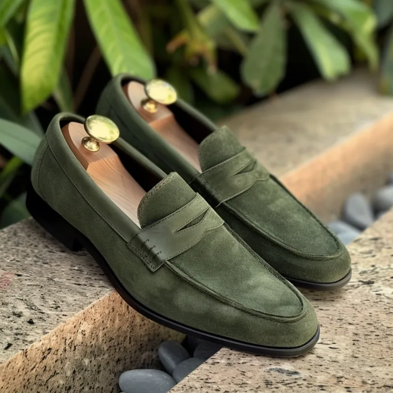 Green Suede Benedetto Loafers sold by Costoso Italiano
