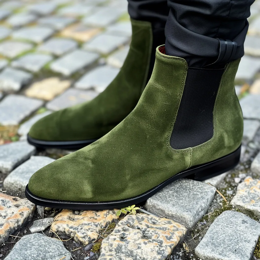 Green Amato Suede Slip On Chelsea Boots sold by Costoso Italiano