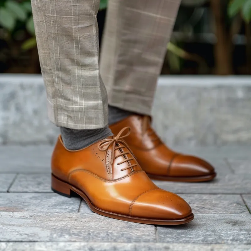 Tan Leather Harrison Brogue Oxford Shoes sold by Costoso Italiano