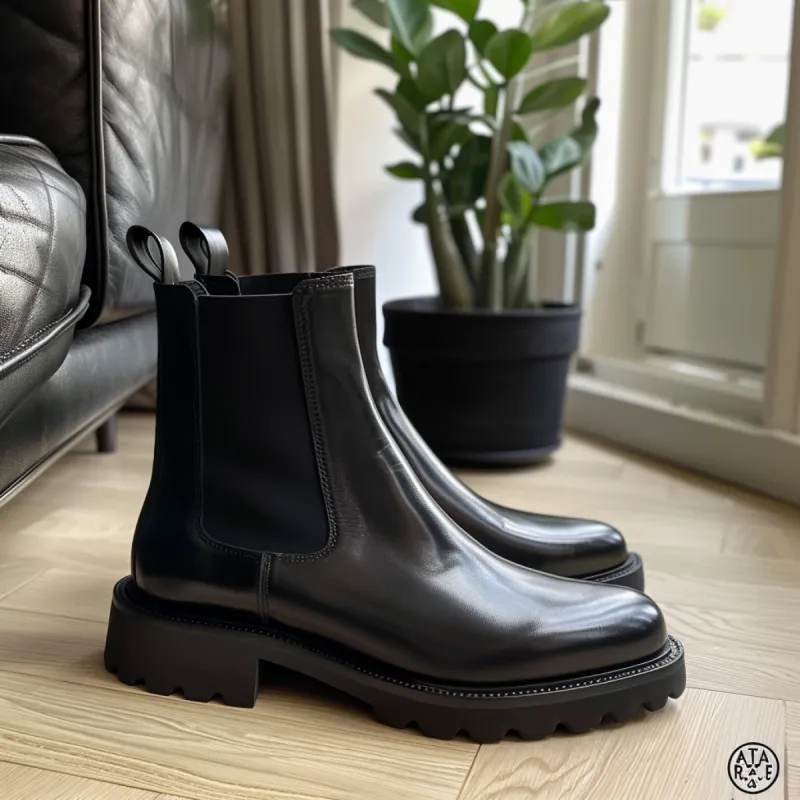 Black Leather Anselmino With Thick Sole Chelsea Boot sold by Costoso Italiano