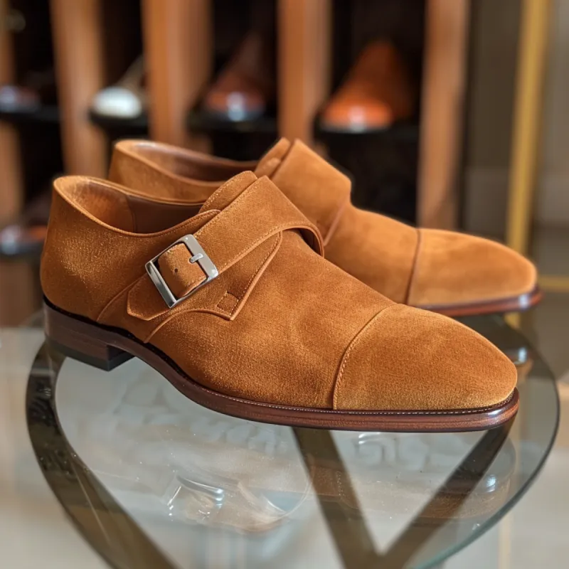 Tan Suede Amico Monk Straps sold by Costoso Italiano
