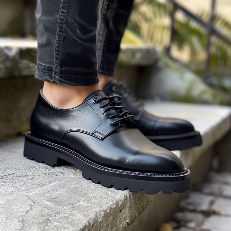 Black Leather Cantidio With Thick Sole Oxford Shoe sold by Costoso Italiano
