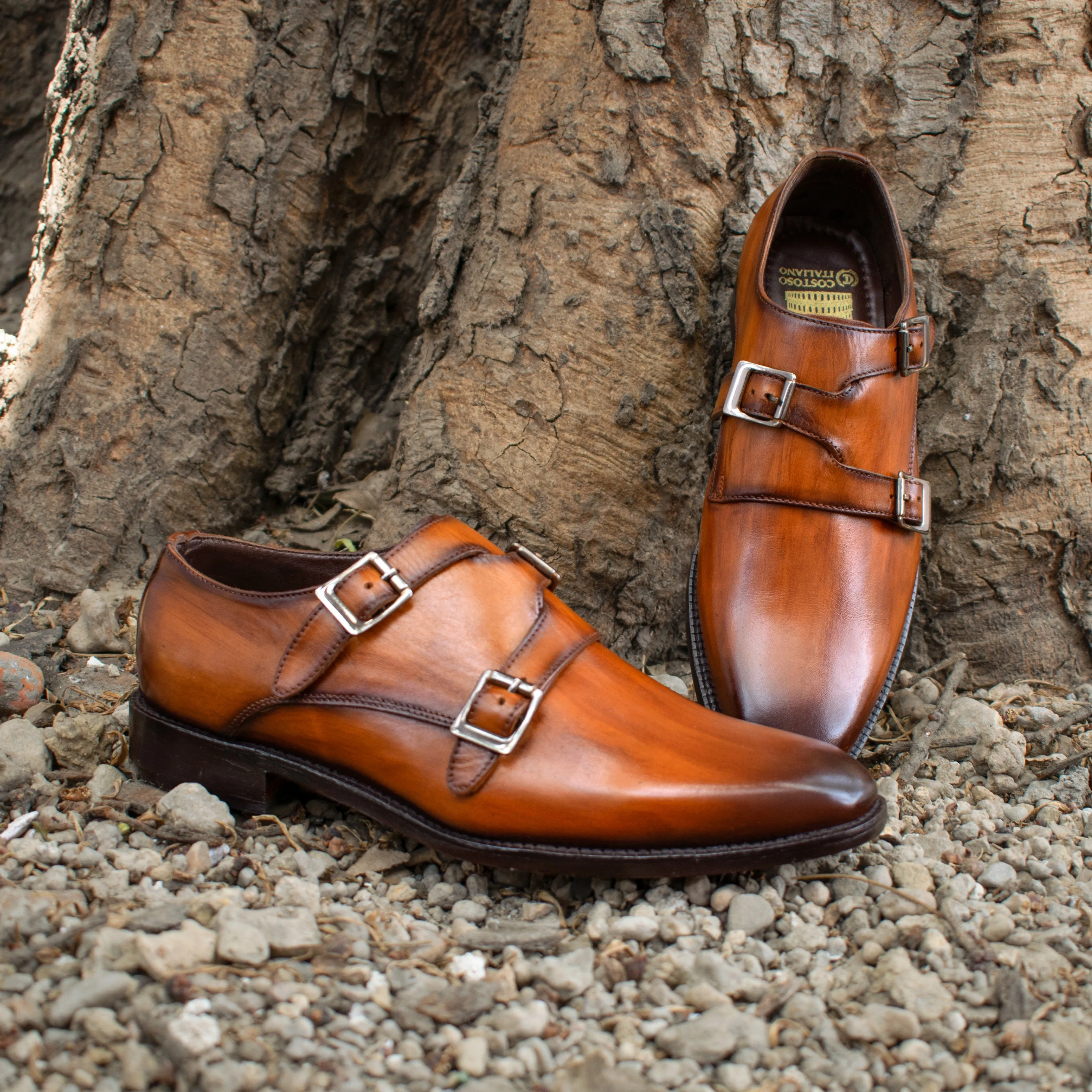 Height Increasing Tan Leather Leminst Monk Strap Shoes sold by Costoso Italiano