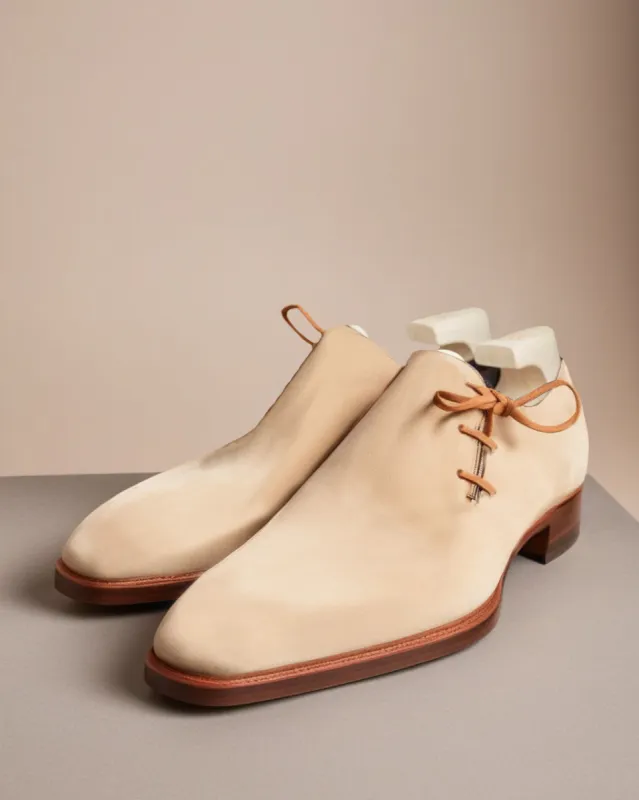 Cream Suede Leather Camria Whole Cut Oxfords - Formal Shoes sold by Costoso Italiano