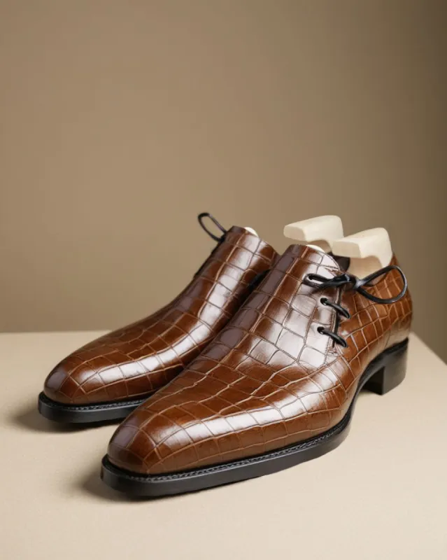 Brown Croc Print Leather Camria Whole Cut Oxfords - Formal Shoes sold by Costoso Italiano