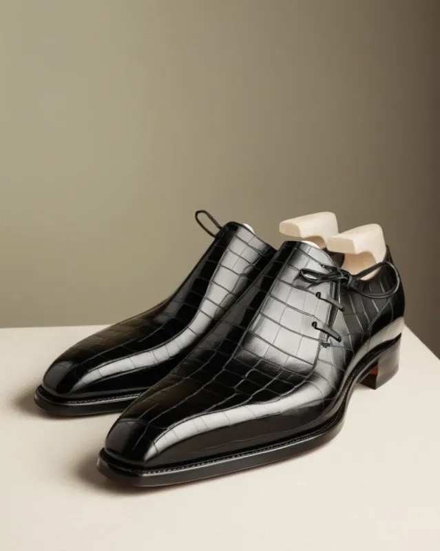 Black Croc Print Leather Camria Whole Cut Oxfords - Formal Shoes sold by Costoso Italiano