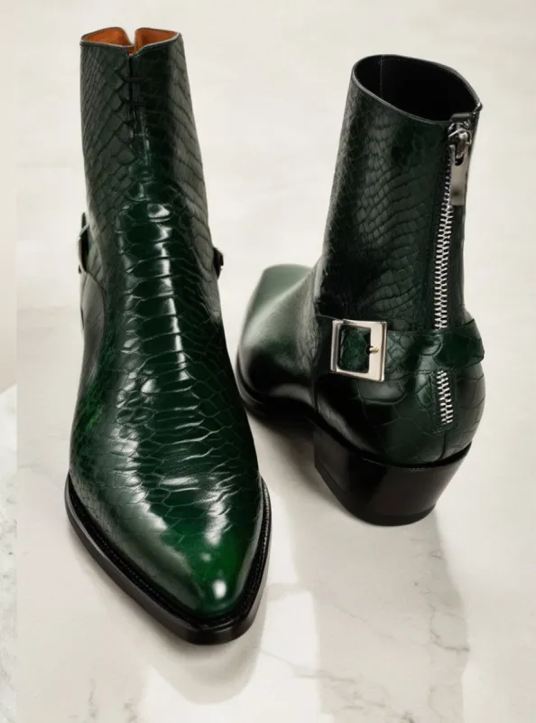 Green Croc/Python/Snake Animal Print Leather Alessia Slip On Zipper Pointed Boots for Men sold by Costoso Italiano
