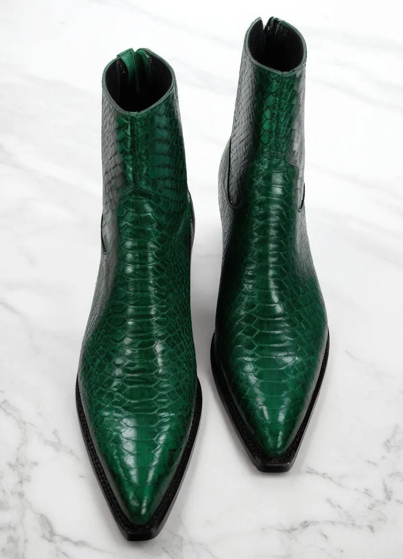 Green Croc/Python/Snake Animal Print Leather Alessia Slip On Zipper Pointed Boots for Men sold by Costoso Italiano product image thumbnail 2