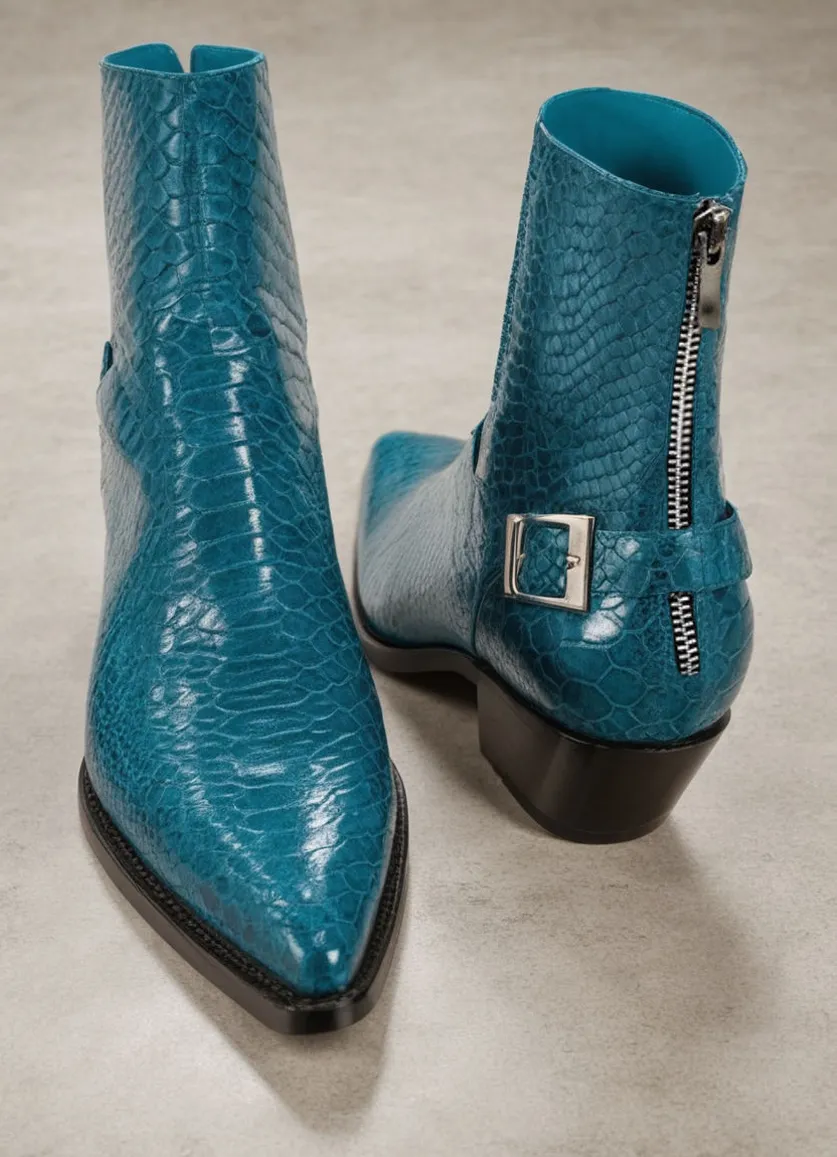 Blue Croc/Python/Snake Animal Print Leather Alessia Slip On Zipper Pointed Boots for Men sold by Costoso Italiano