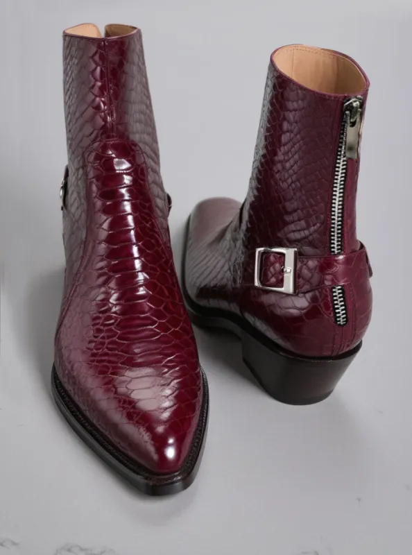Burgundy Croc/Python/Snake Animal Print Leather Alessia Slip On Zipper Pointed Boots for Men sold by Costoso Italiano