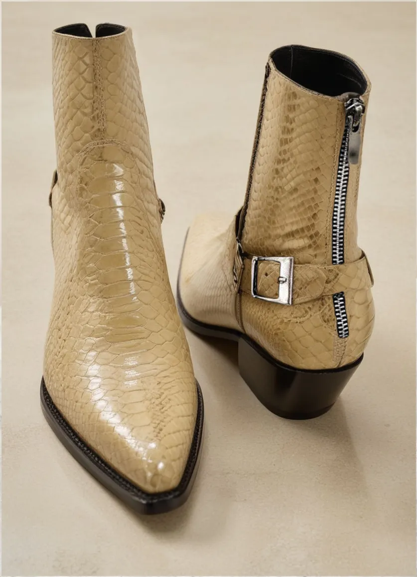 Cream Croc/Python/Snake Animal Print Leather Alessia Slip On Zipper Pointed Boots for Men sold by Costoso Italiano