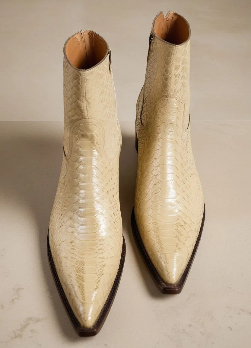 Cream Croc/Python/Snake Animal Print Leather Alessia Slip On Zipper Pointed Boots for Men sold by Costoso Italiano product image thumbnail 2