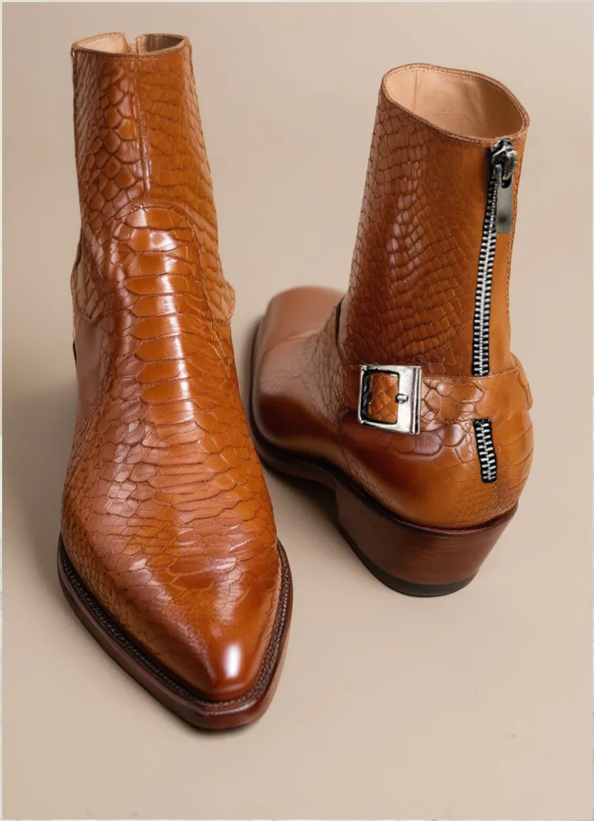 Tan Croc/Python/Snake Animal Print Leather Alessia Slip On Zipper Pointed Boots for Men sold by Costoso Italiano