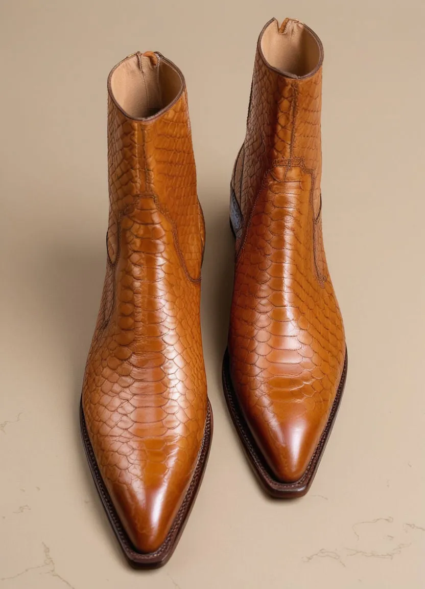 Tan Croc/Python/Snake Animal Print Leather Alessia Slip On Zipper Pointed Boots for Men sold by Costoso Italiano product image thumbnail 2