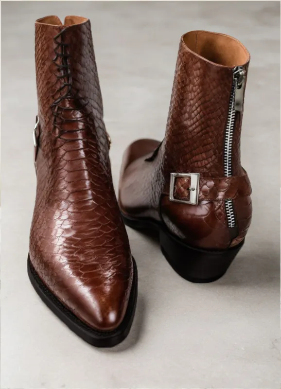 Brown Croc/Python/Snake Animal Print Leather Alessia Slip On Zipper Pointed Boots for Men sold by Costoso Italiano