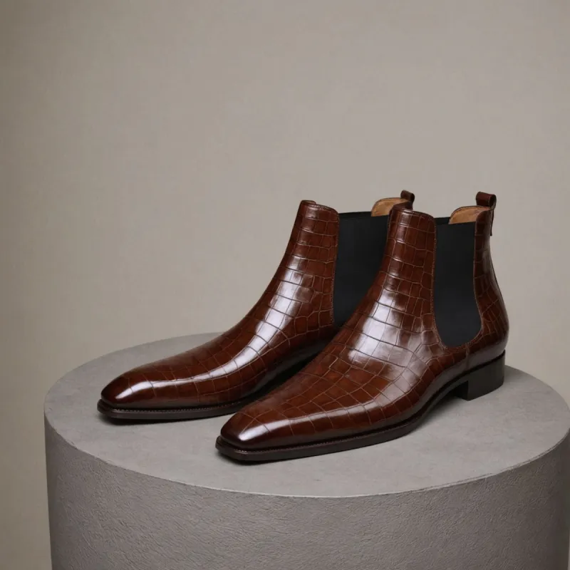 Brown Croc Print Leather Lucca Slip On Chelsea Boots - AW24 sold by Costoso Italiano
