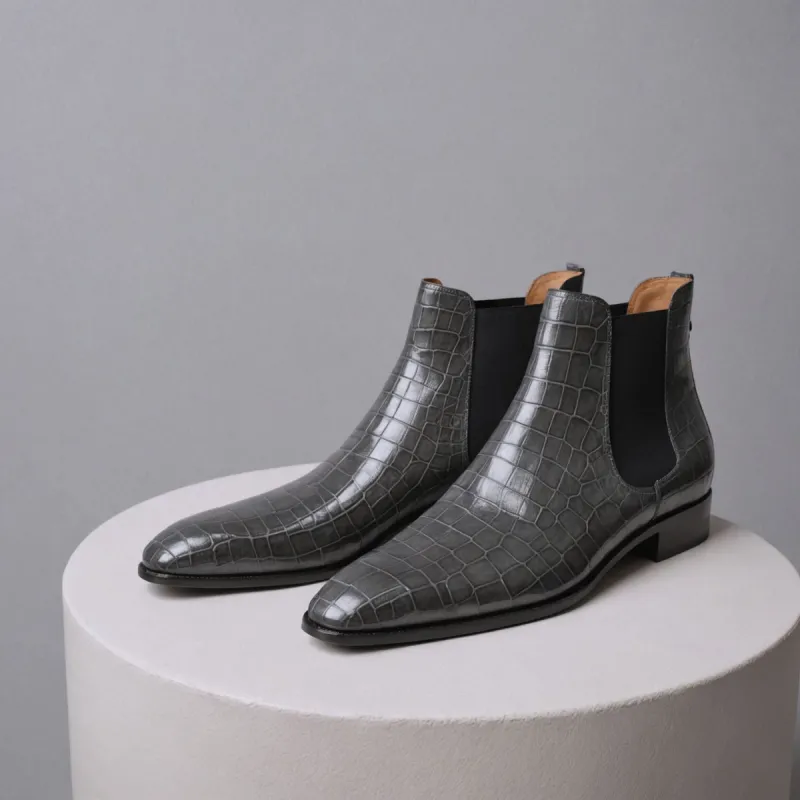Grey Croc Print Leather Lucca Slip On Chelsea Boots - AW24 sold by Costoso Italiano