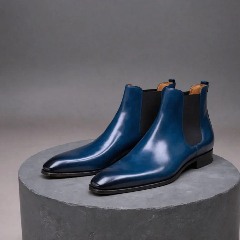 Blue Leather Lucca Slip On Chelsea Boots - AW24 sold by Costoso Italiano