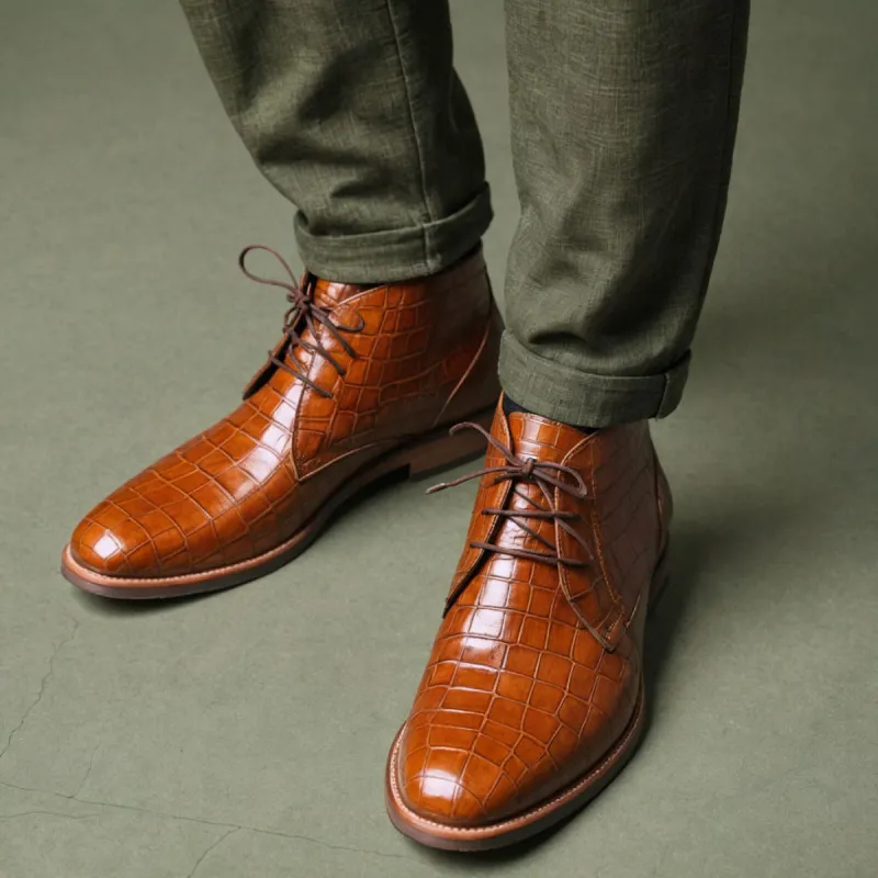 Tan Croc Print Leather Sahara Step Chukka Desert Boots with Leather Sole - Summer 2024 Collection sold by Costoso Italiano