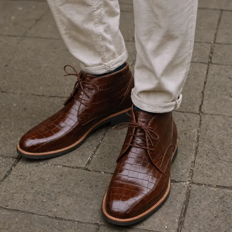 Brown Croc Print Leather Sahara Step Chukka Desert Boots with Leather Sole - Summer 2024 Collection sold by Costoso Italiano