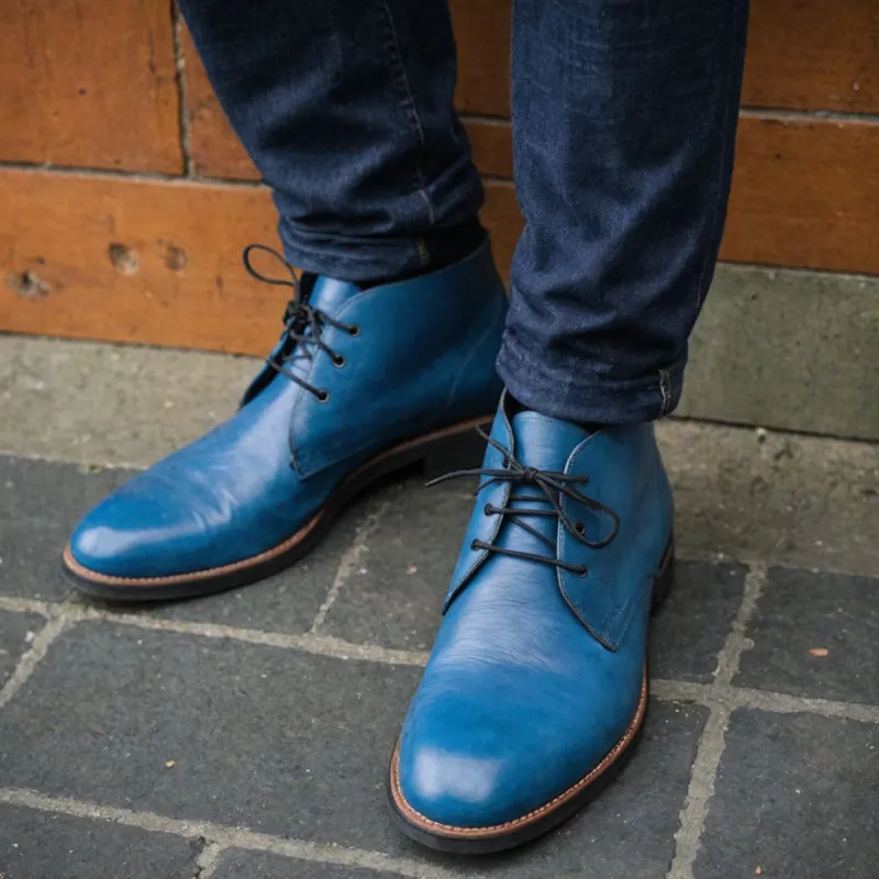 Blue Leather Sahara Step Chukka Desert Boots with Leather Sole - Summer 2024 Collection sold by Costoso Italiano