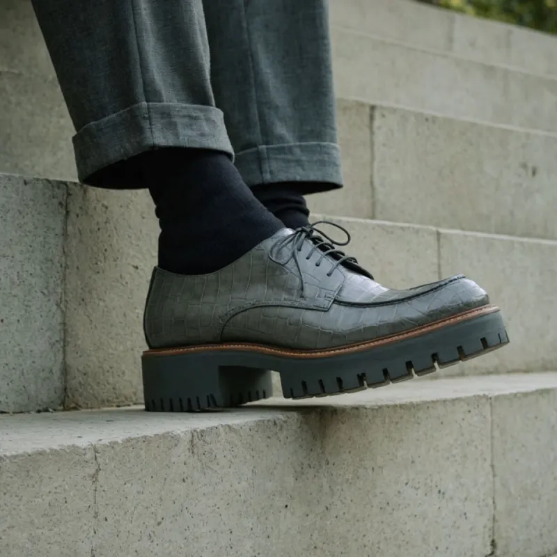 Grey Croc Print Leather Eros Chunky Derby Shoes - AW24 sold by Costoso Italiano