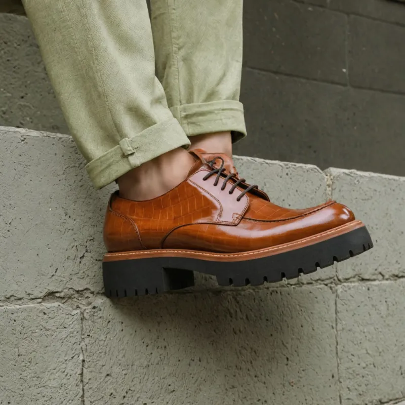 Tan Croc Print Leather Eros Chunky Derby Shoes - AW24 sold by Costoso Italiano