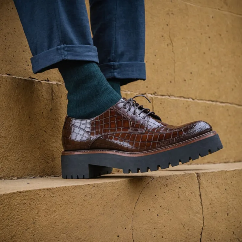 Brown Croc Print Leather Eros Chunky Derby Shoes - AW24 sold by Costoso Italiano