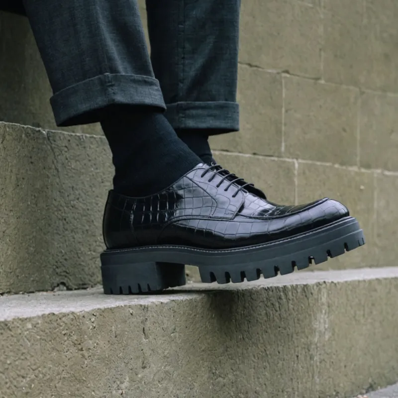 Black Croc Print Leather Eros Chunky Derby Shoes - AW24 sold by Costoso Italiano