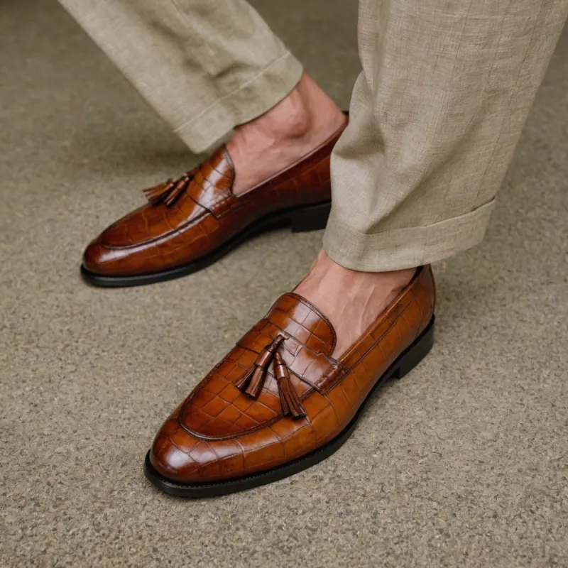 Tan Croc Print Leather Belize Chunky Tassel Loafers - With Track Soles - AW24 sold by Costoso Italiano