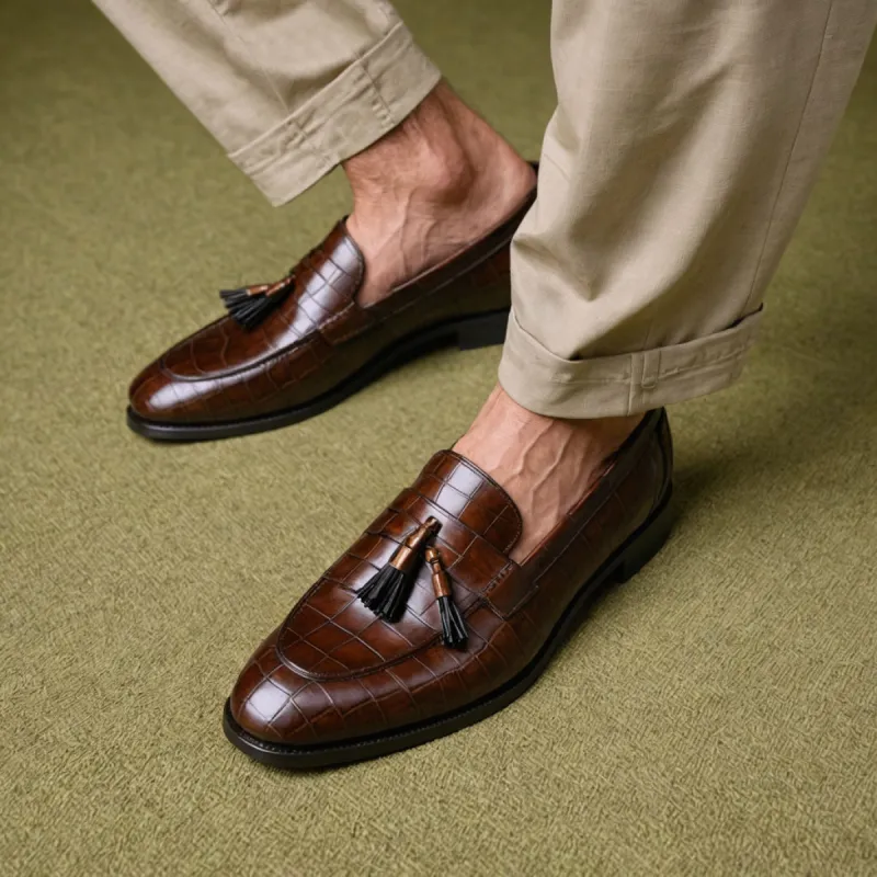 Brown Croc Print Leather Belize Chunky Tassel Loafers - With Track Soles - AW24 sold by Costoso Italiano