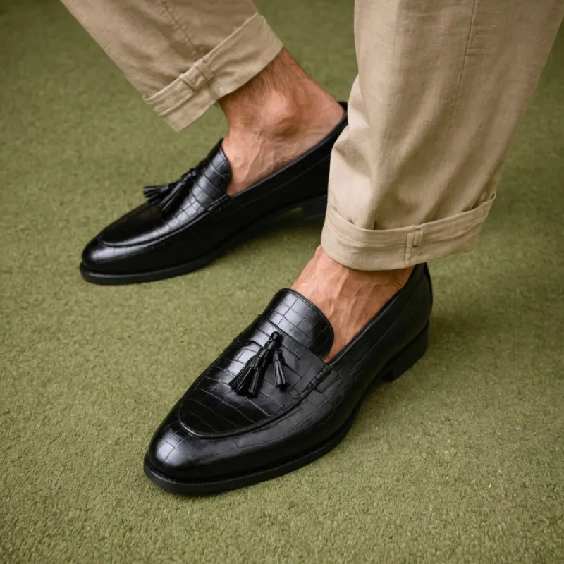 Black Croc Print Leather Belize Chunky Tassel Loafers - With Track Soles - AW24 sold by Costoso Italiano