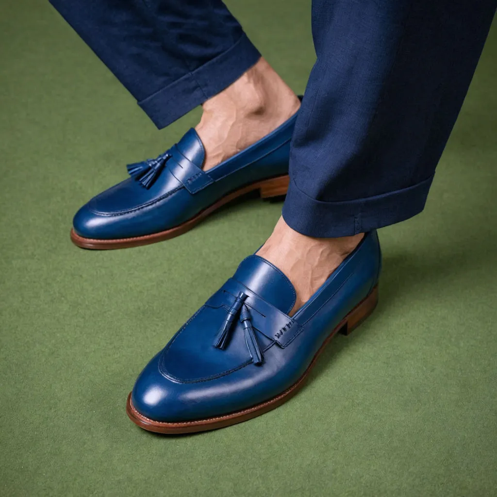 Blue Leather Belize Chunky Tassel Loafers - With Track Soles - AW24 sold by Costoso Italiano